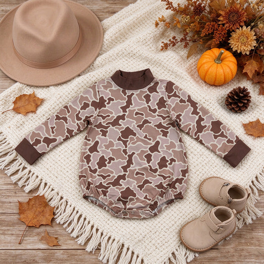 NEW RTS NO MOQ milk silk LR3263 Baby Boys Long Sleeve Khaki Brown Camo Choker Rompers