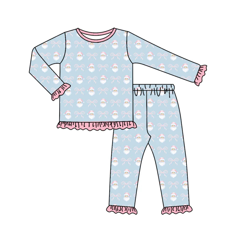 7.10Preorder (moq 5)Baby Girls Long Sleeves Pink Santa Bows Top Pant Pajamas Clothes Set