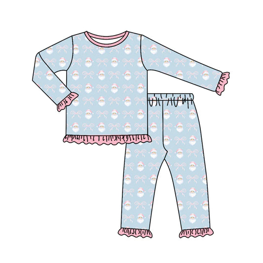 7.10Preorder (moq 5)Baby Girls Long Sleeves Pink Santa Bows Top Pant Pajamas Clothes Set