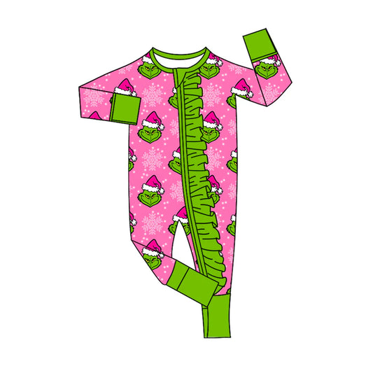 8.9Preorder(moq 5)Baby Infant Girls Christmas Green Faces Snowflake Ruffle Zipper Rompers