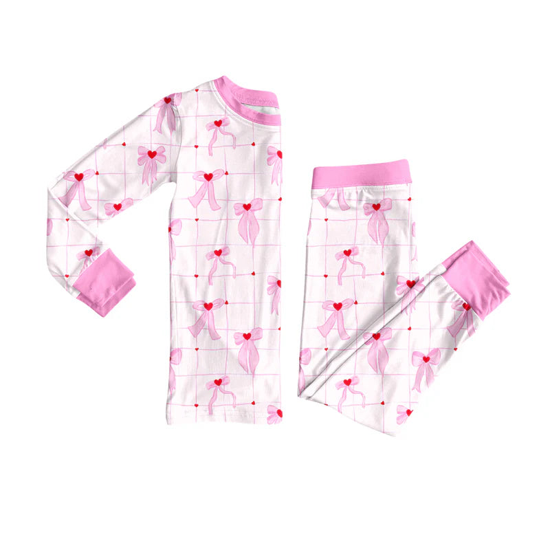 7.21Preorder (moq 5)Baby Girls Long Sleeves Pink Bows Hearts Plaid Top Pants Pajamas Set