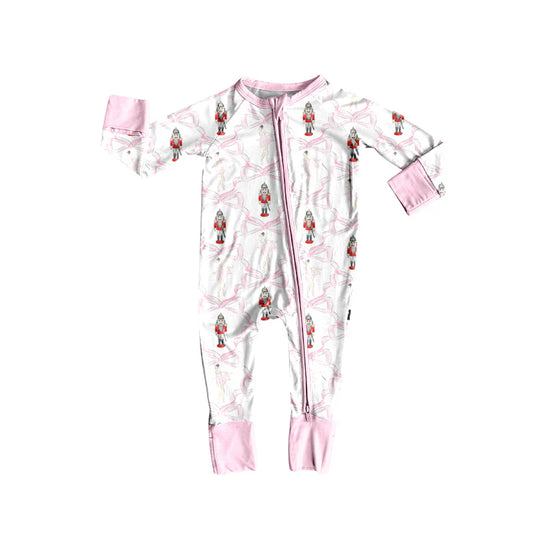8.13Preorder(moq 5)Baby Girls Christmas Soldier Bows Zipper Footie Rompers