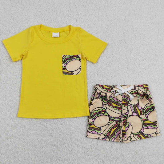 BSSO0547 Hamburger Pocket Yellow Short Sleeve Shorts Set