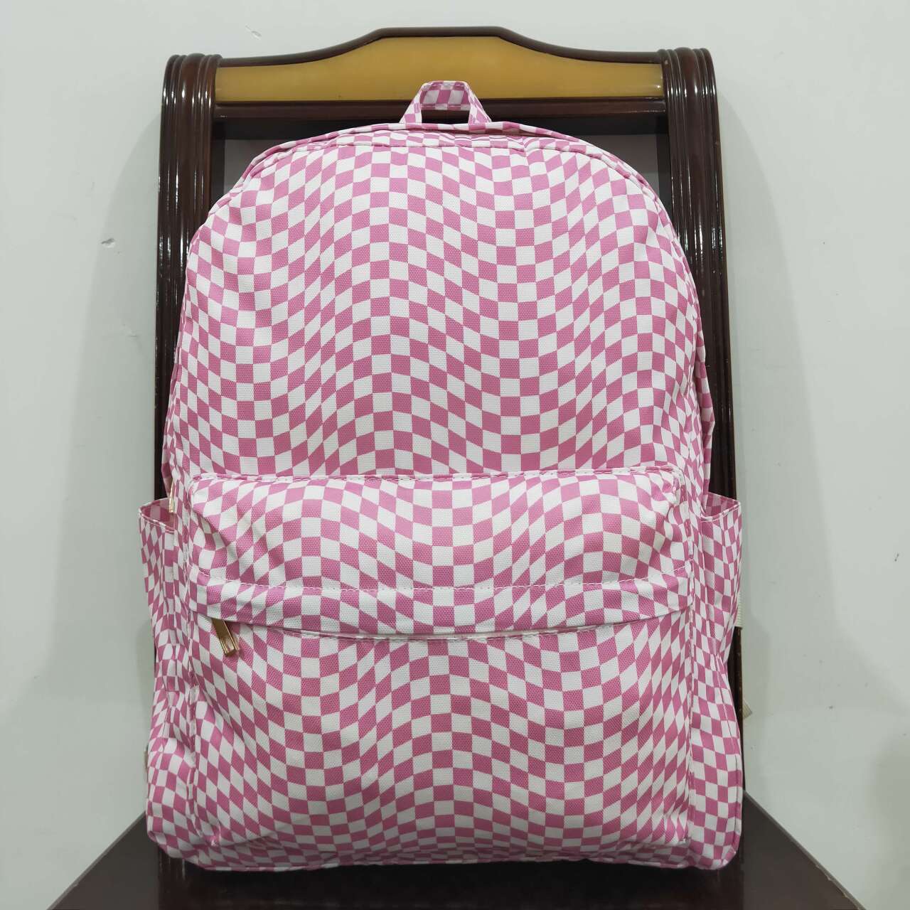 BA0245 Pink and white irregular plaid large backpack