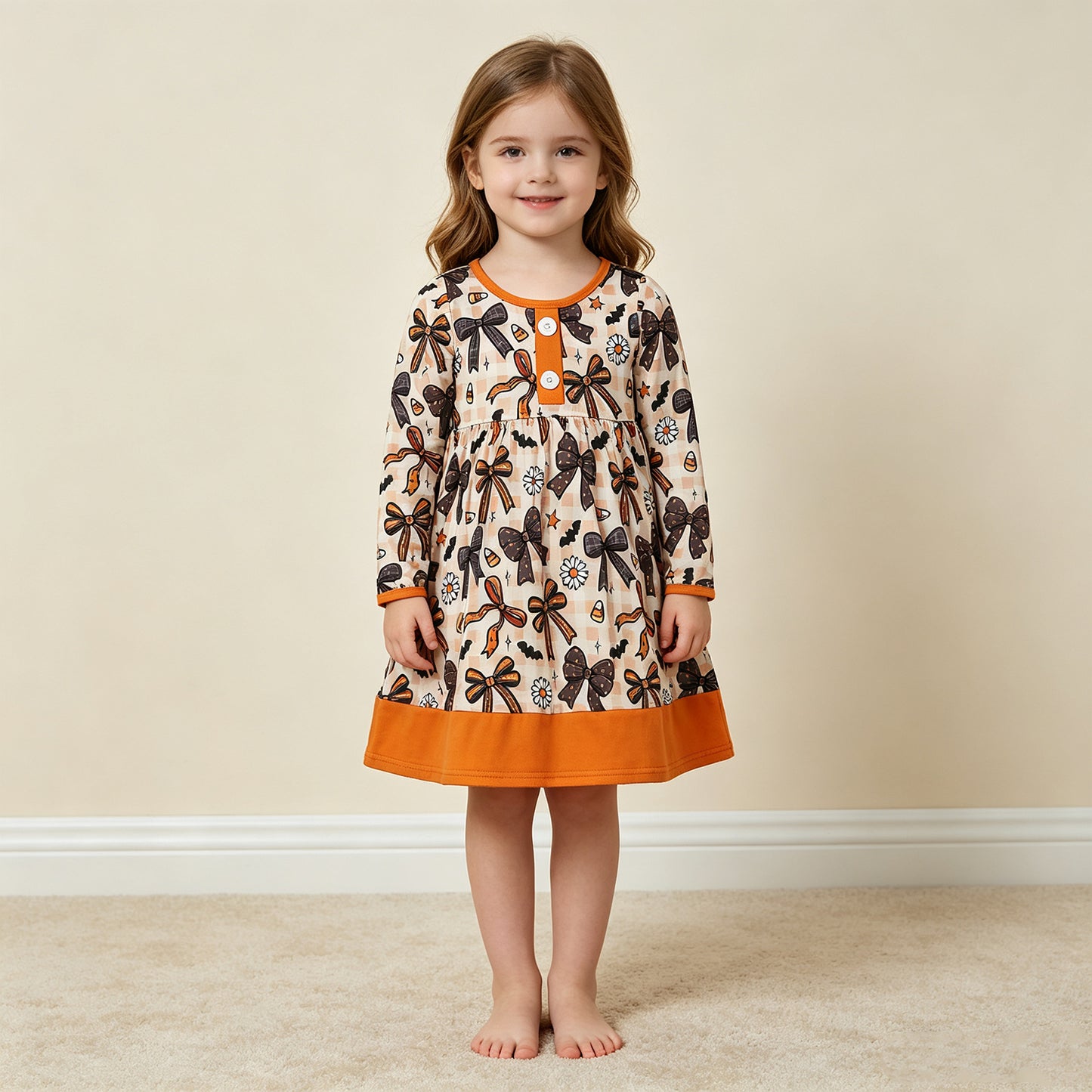 NEW RTS NO MOQ milk silk GLD1708 Baby Girls Halloween Floral Print Button Front Ruffle Hem Knee Length Dress