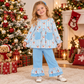 RTS NO MOQ milk silk GLP3455 Baby Girls Blue Stripe Santa Pockets Tunic Ruffle Pant Christmas Clothes Set