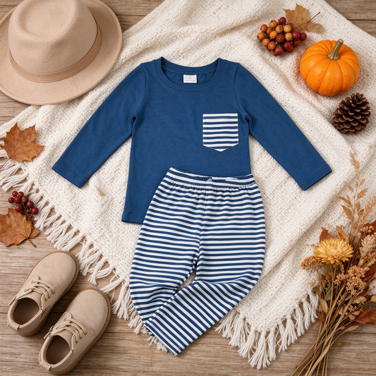 NEW RTS NO MOQ milk silk BLP1512 Baby Boys Navy Long Sleeve Pocket Top Stripe Legging Pants Clothes Set