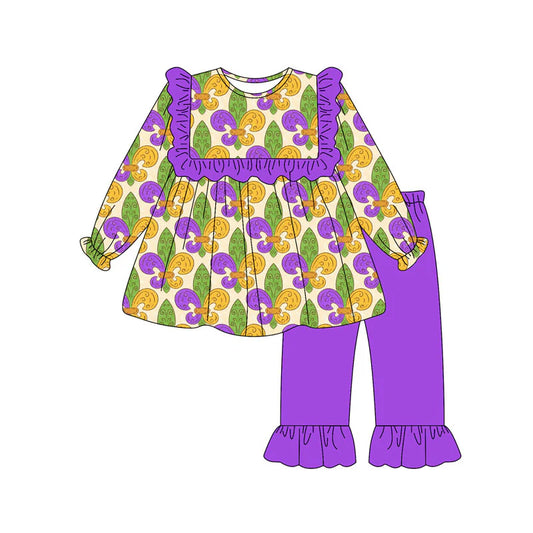 X927Preorder (moq 5)Baby Girls Purple Yellow Green Anchors Tunic Ruffle Pants Mardigras Clothes Sets