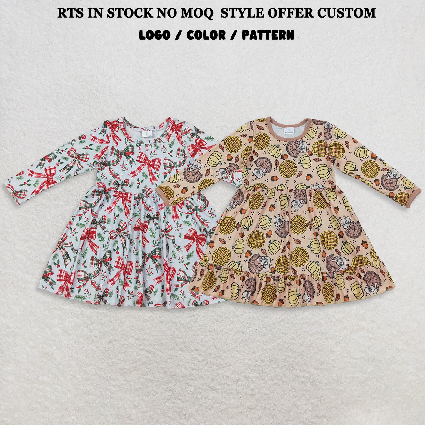 RTS NO MOQ Sibling milk silk Baby Girls Thanksgivings christmas Ruffle Knee Length Dress