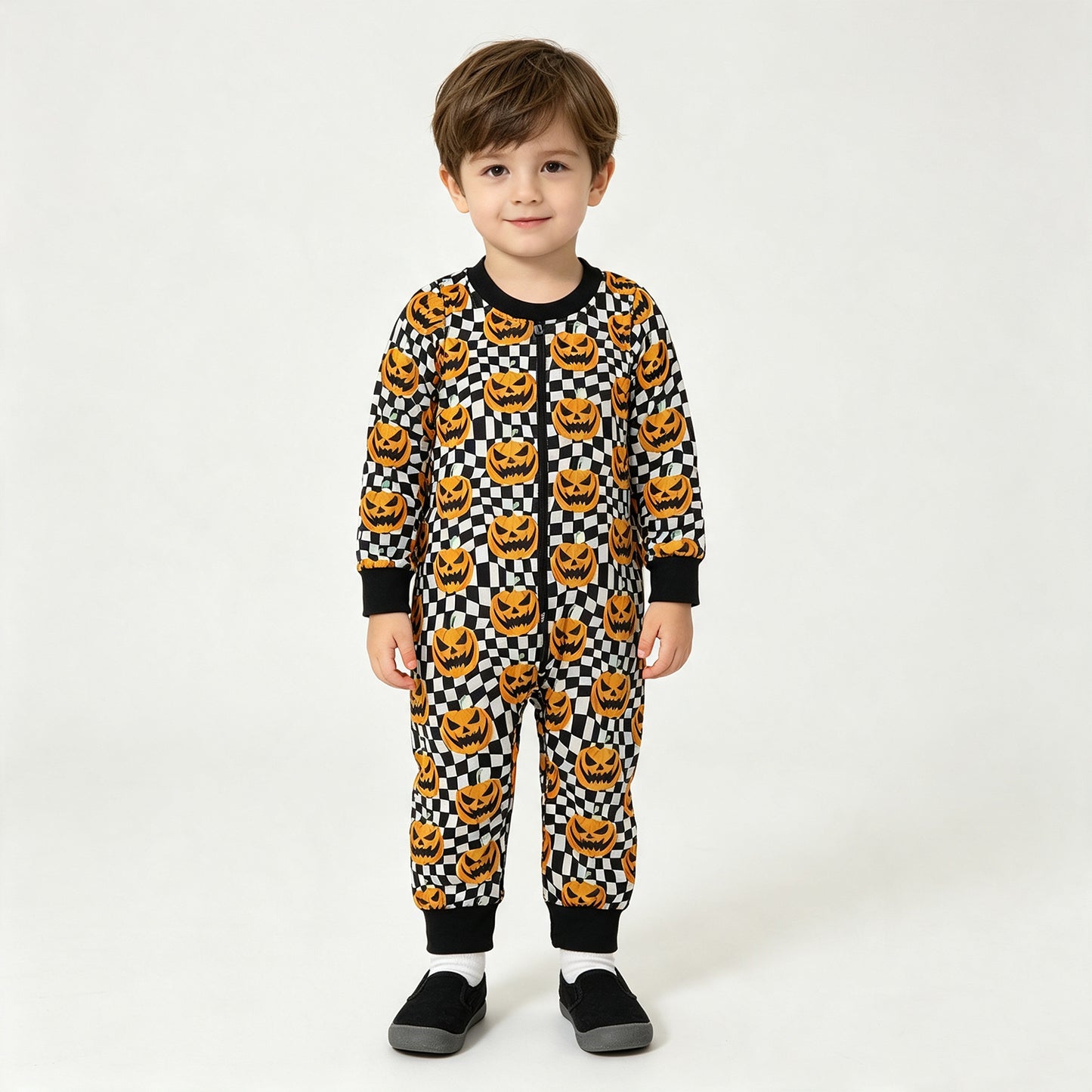 NEW RTS NO MOQ milk silk LR1389 Baby Boys Ghost Pumpkins Black Checkered Halloween Pant Rompers