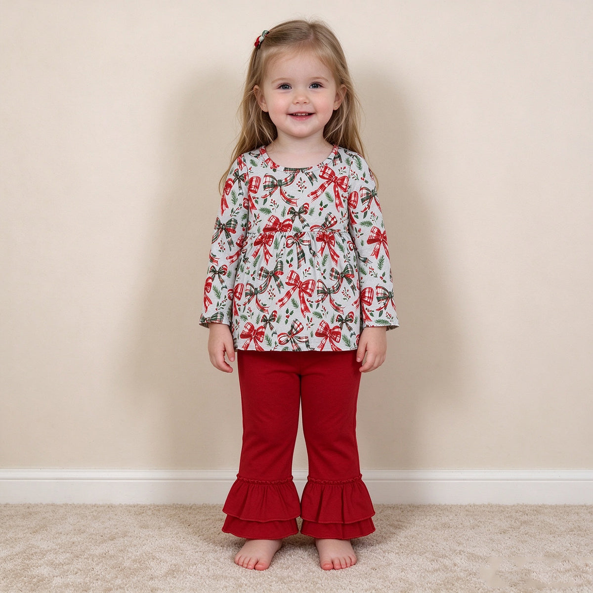 RTS NO MOQ milk silk GLP3541 Baby Girls Red Green Checked Bows Holly Tunic Ruffle Pant Christmas Clothes Set