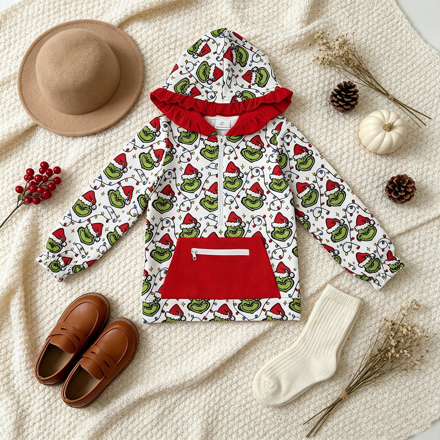 NEW RTS NO MOQ milk silk GT1163 Cute Clothes Baby Girls Christmas Plaid Print Pocket Zipper Christmas Hoodie Tops