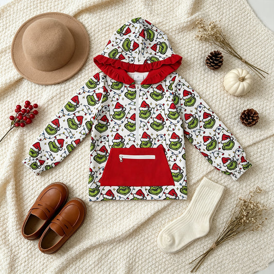 NEW RTS NO MOQ milk silk GT1163 Cute Clothes Baby Girls Christmas Plaid Print Pocket Zipper Christmas Hoodie Tops