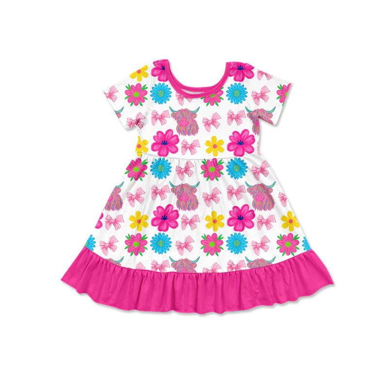 X12.20Preorder (moq 5)Baby Girls Highland Cows Flowers Western Ruffle Knee Length Dresses