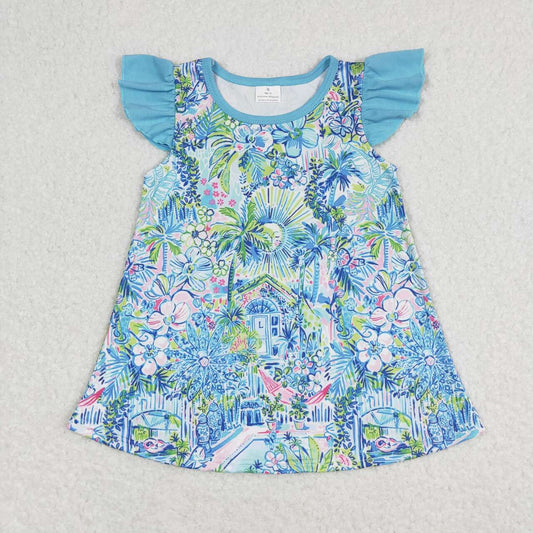 GT0562 Flower pattern blue flying sleeve top