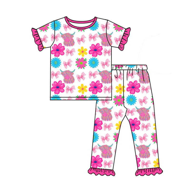 X12.20 Preorder(moq 5)Baby Girls Highland Cows Flowers Top Ruffle Pants Western Pajamas Sets