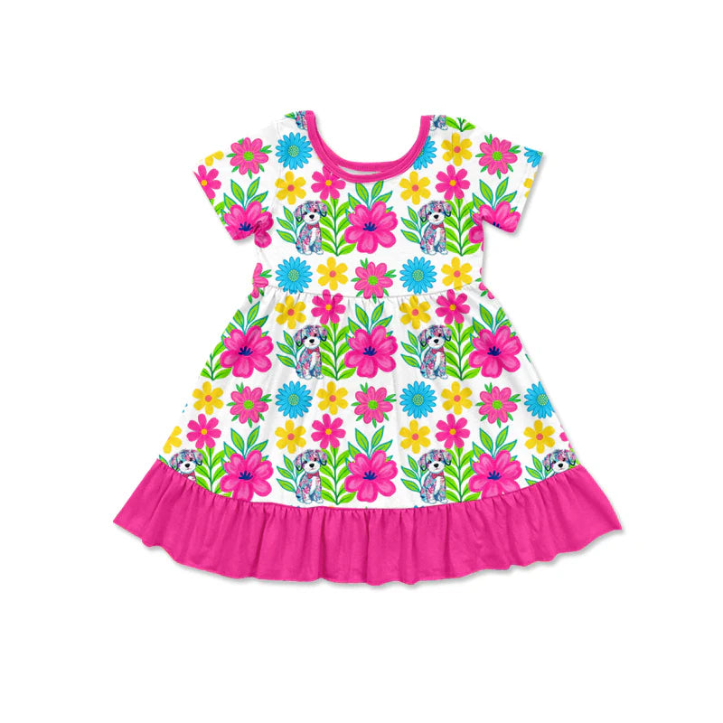X12.20Preorder (moq 5)Baby Girls Short Sleeve Floral Dogs Ruffle Knee Length Dresses