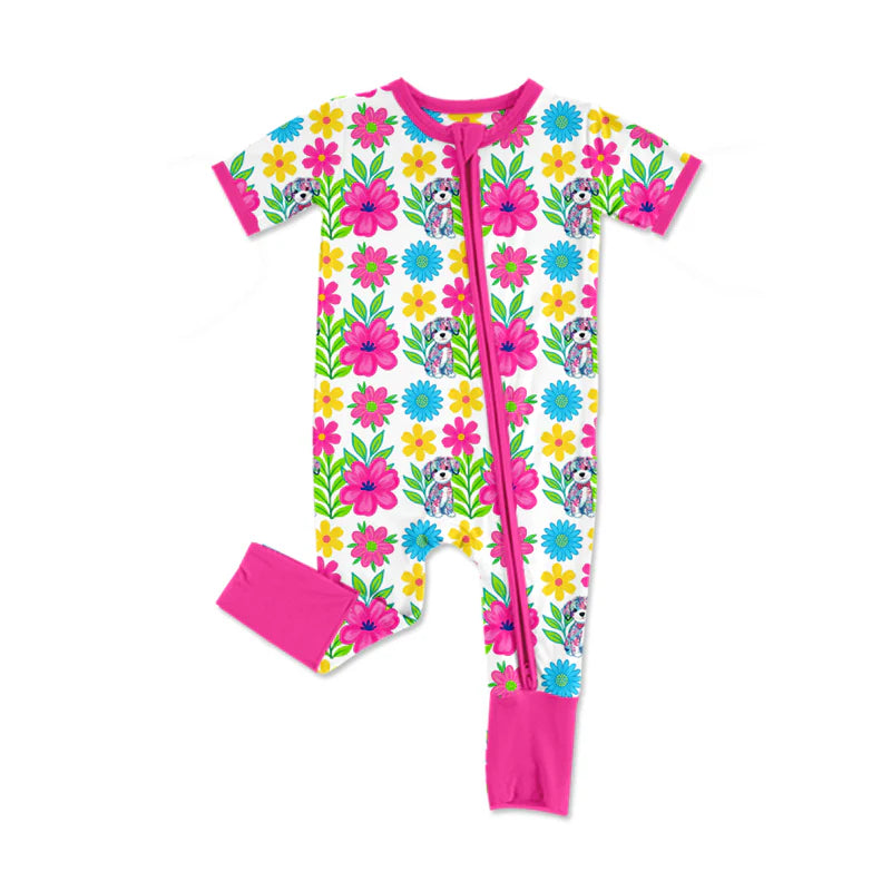 X12.19 Preorder (moq 5)Baby Girls Floral Dogs Two Way Zipper Convertible Rompers