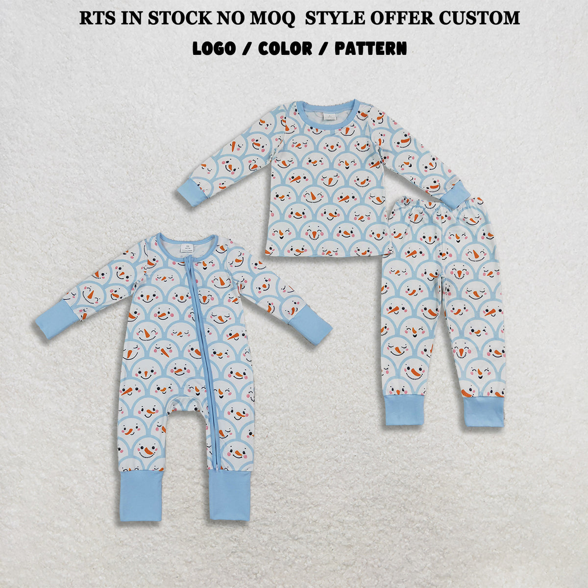 RTS NO MOQ Sibling milk silk Baby Boys Blue Checked Snowmen Christmas Rompers Set