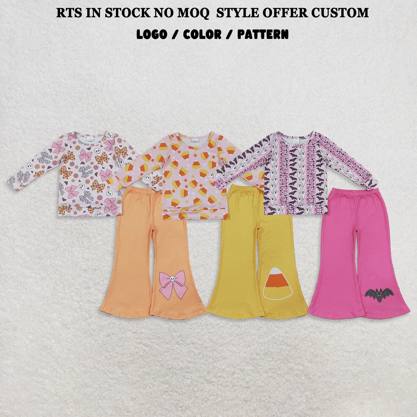 RTS NO MOQ Sibling milk silk Baby Girls Stars Candy Top Flare Pant Halloweens Clothes Sets