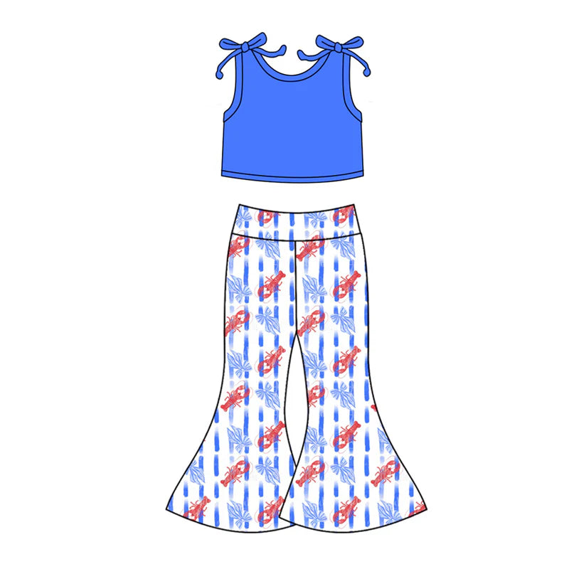 X12.19 Preorder(moq 5)Baby Girls Blue Top Bows Crayfishes Stripe Bell Bottom Pants Clothes Sets