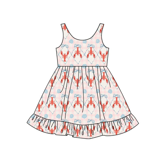 X12.16 Preorder (moq 5)Baby Girls Pink Checked Bows Crayfishes Ruffle Knee Length Dresses