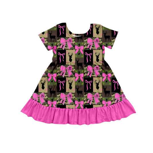 X1.13  Preorder (moq 5)Baby Girls Camo Deer Checked Bows Hunting Ruffle Knee Length Dresses