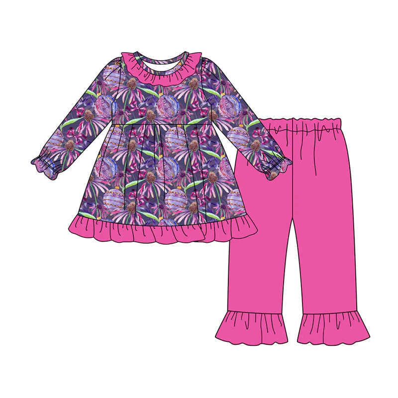 8.2Preorder (moq 5)Baby Girls Hot Pink Flowers Bows Tunic Ruffle Pant Halloween Set