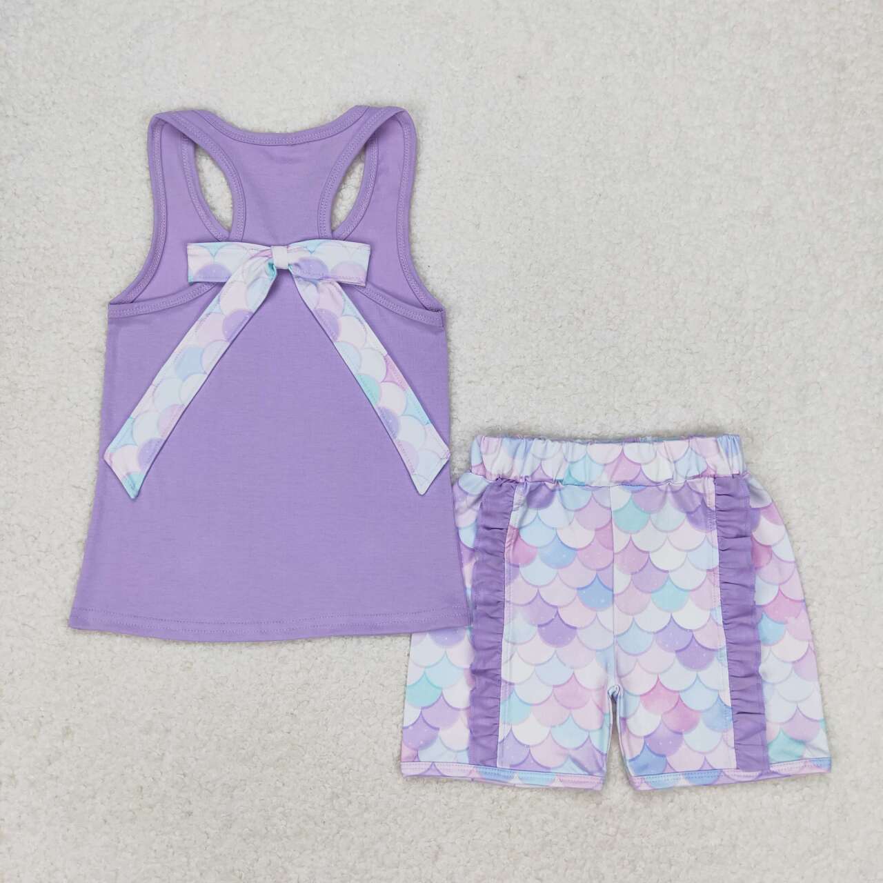 GSSO1060 Mermaid scale bow solid color sleeveless blue and purple lace shorts set