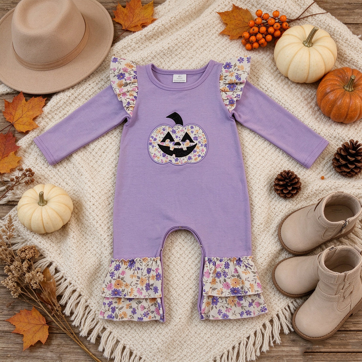 NEW RTS NO MOQ milk silk LR3221 Embroidery Flowers Ghost Pumpkin Baby Girls Halloween Ruffle Pant Rompers