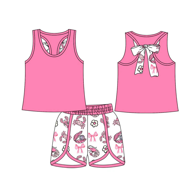 X12.20 Preorder (moq 5)Baby Girls Sleeveless Back Bows Top Crabs Flowers Short Clothes Sets