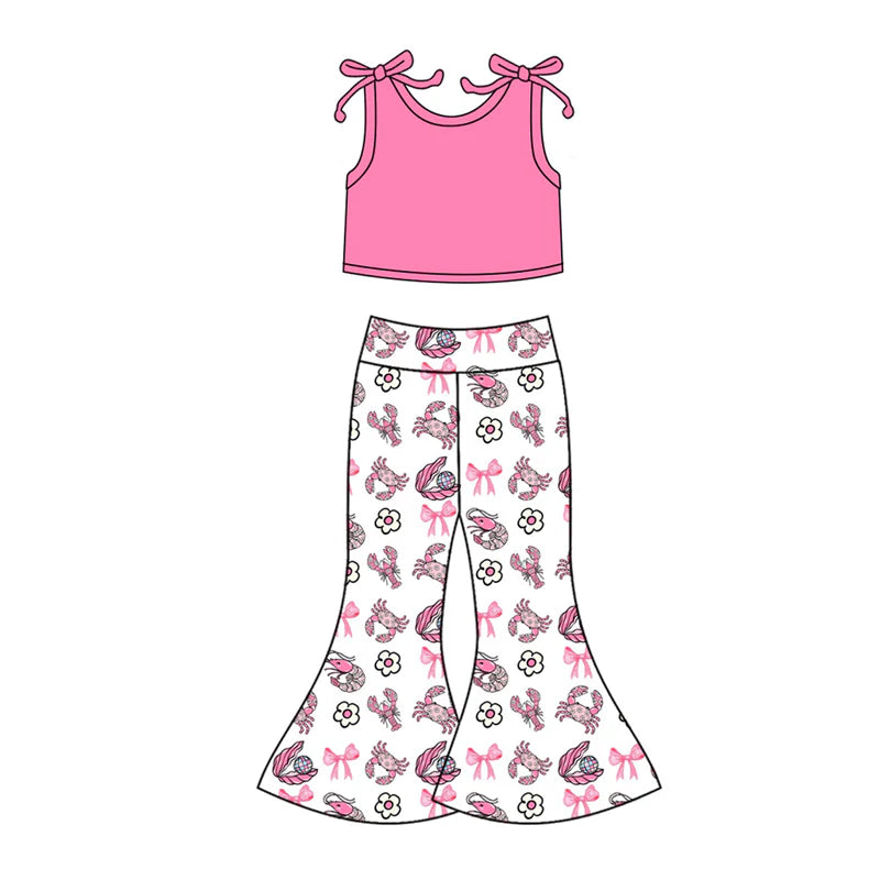 X12.19 Preorder(moq 5)Baby Girls Pink Top Bows Crab Flowers Bell Bottom Pants Clothes Sets