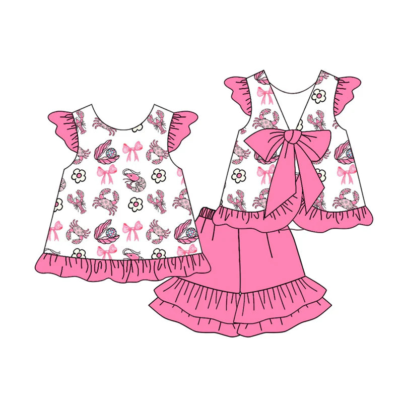 X12.19 Preorder (moq 5)Baby Girls Crabs Flowers Back Bows Tunic Ruffle Short Clothes Sets