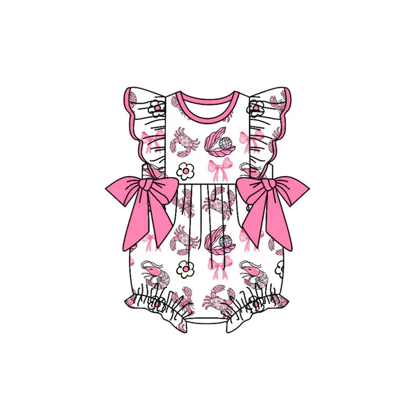 X12.19 Preorder (moq 5)Baby Girls Flutter Sleeve Crabs Bows Flowers Ruffle Rompers