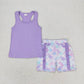 GSSO1060 Mermaid scale bow solid color sleeveless blue and purple lace shorts set