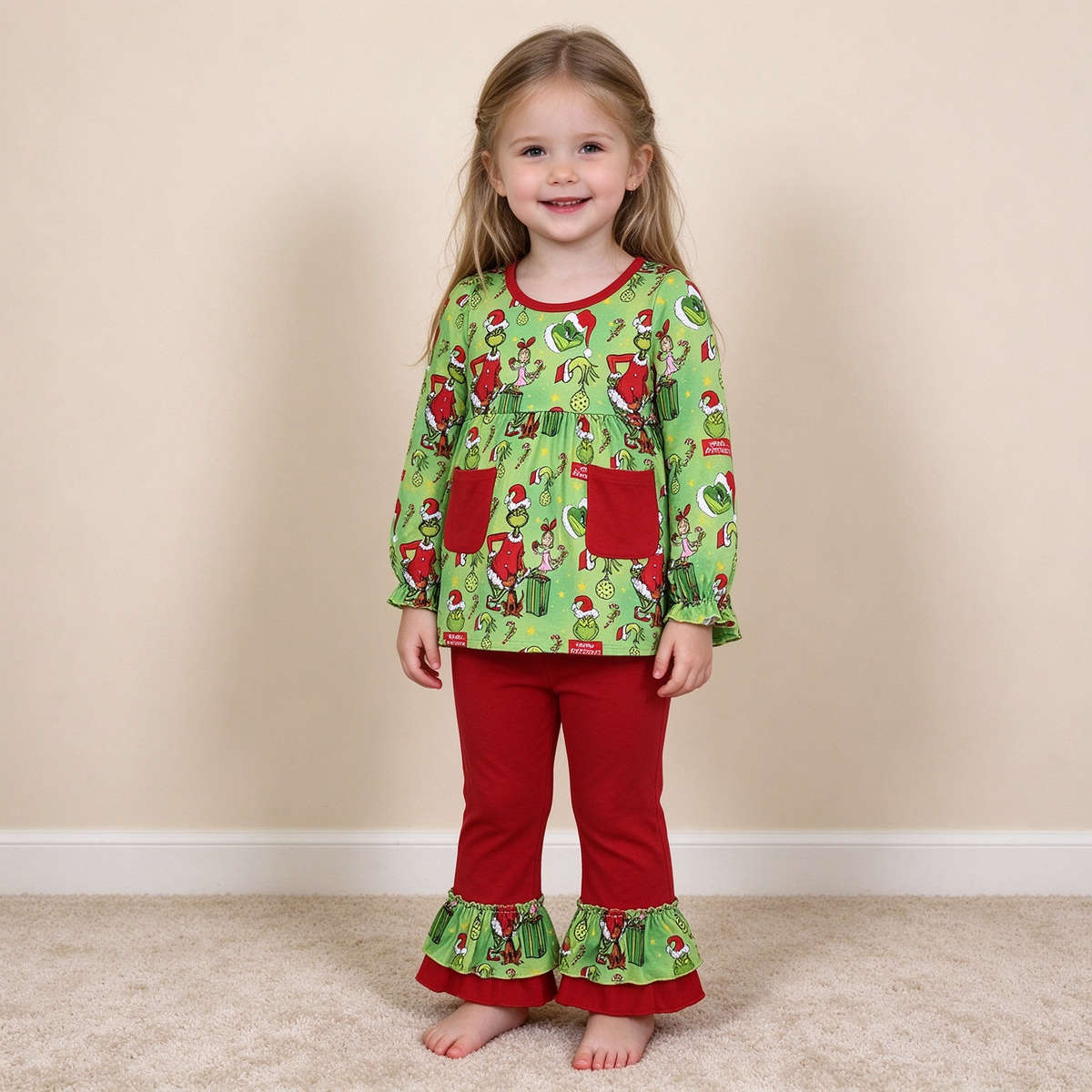 NEW RTS NO MOQ milk silk GLP3459 Baby Girls Green Frogs Gifts Pockets Tunic Ruffle Pant Christmas Clothes Set
