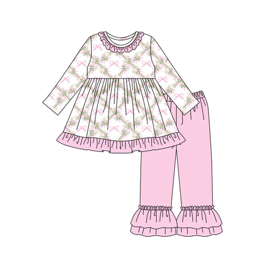 7.31Preorder(moq 5) Baby Girls Long Sleeves Pink Bows Flowers Plaid Tunic Ruffle Pants Set