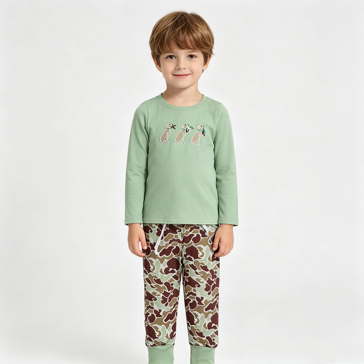 NEW RTS NO MOQ milk silk BLP1492 Embroidery Dogs Ducks Baby Boys Top Camo Pockets Joggers Hunting Clothes Sets