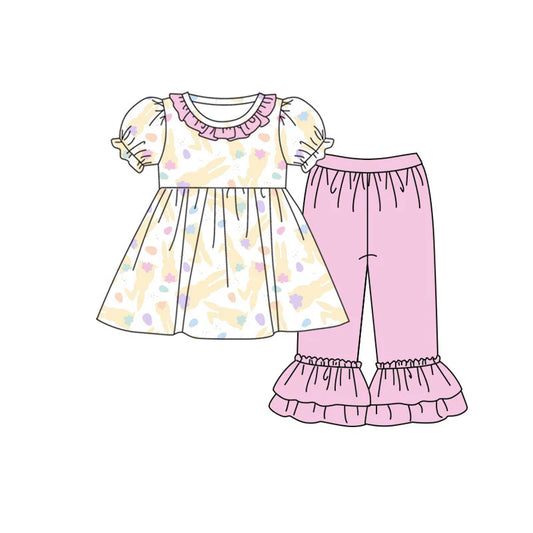 X920Preorder (moq 5)Baby Girls Yellow Rabbits Tunic Ruffle Pants Easter Clothes Set