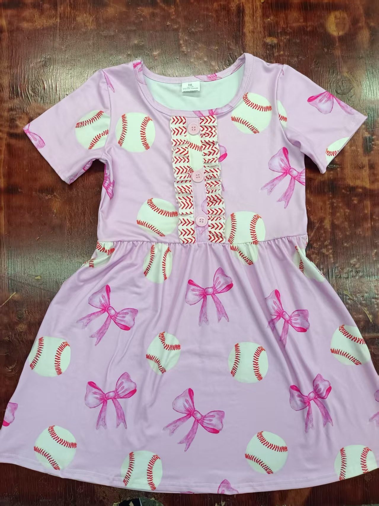 4.25Preorder moq 5 Baby Girls Pink Short Sleeves Baseballs Bows Button Knee Length Dresses
