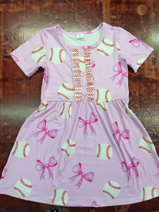 4.25Preorder moq 5 Baby Girls Pink Short Sleeves Baseballs Bows Button Knee Length Dresses