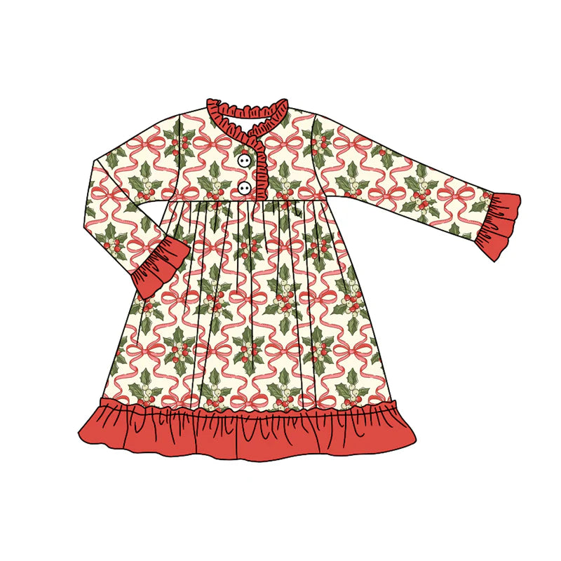 7.31Preorder(moq 5) Baby Girls Long Ruffle Sleeves Red Bows Holly Plaid Button Knee Length Dresses