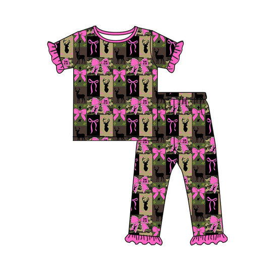 X1.13 Preorder (moq 5)Baby Girls Camo Deer Checked Bows Top Ruffle Pants Hunting Pajamas Sets