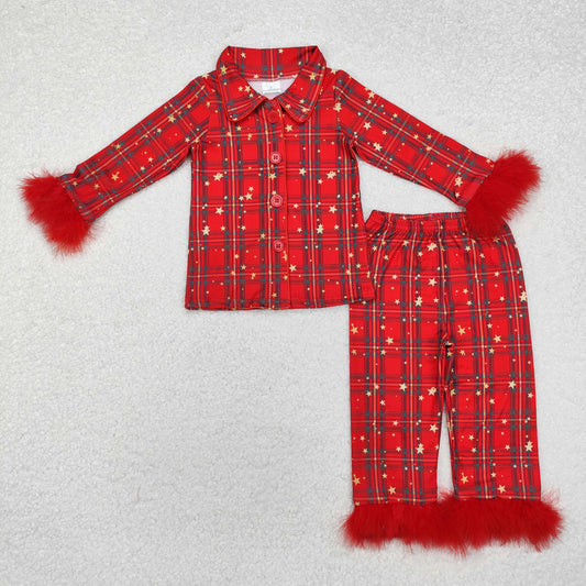 GLP0956 Star red and green plaid plush decoration long sleeve trousers suit