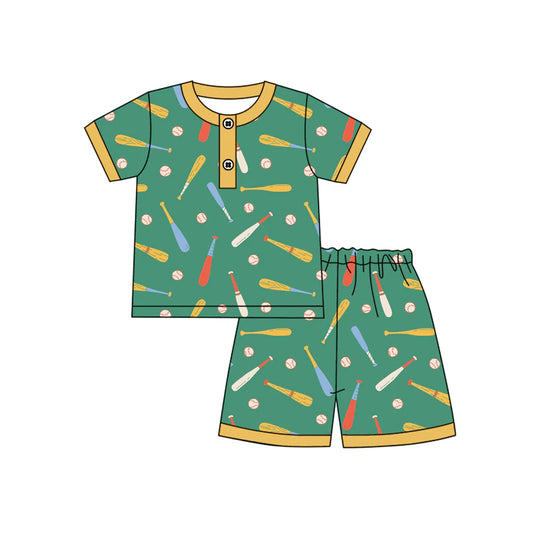 X12.20 Preorder (moq 5)Baby Boys Short Sleeve Baseballs Button Top Shorts Team Pajamas Set