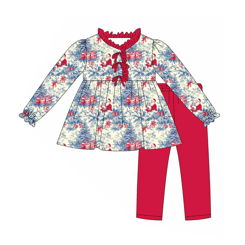 7.23Preorder (moq 5)Baby Girls Long Ruffle Sleeves Santa Floral Tunic Legging Pants Set