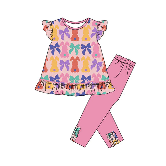 X923Preorder (moq 5)Baby Girls Colorful Bows Rabbits Tunic Leggings Easter Clothes Sets