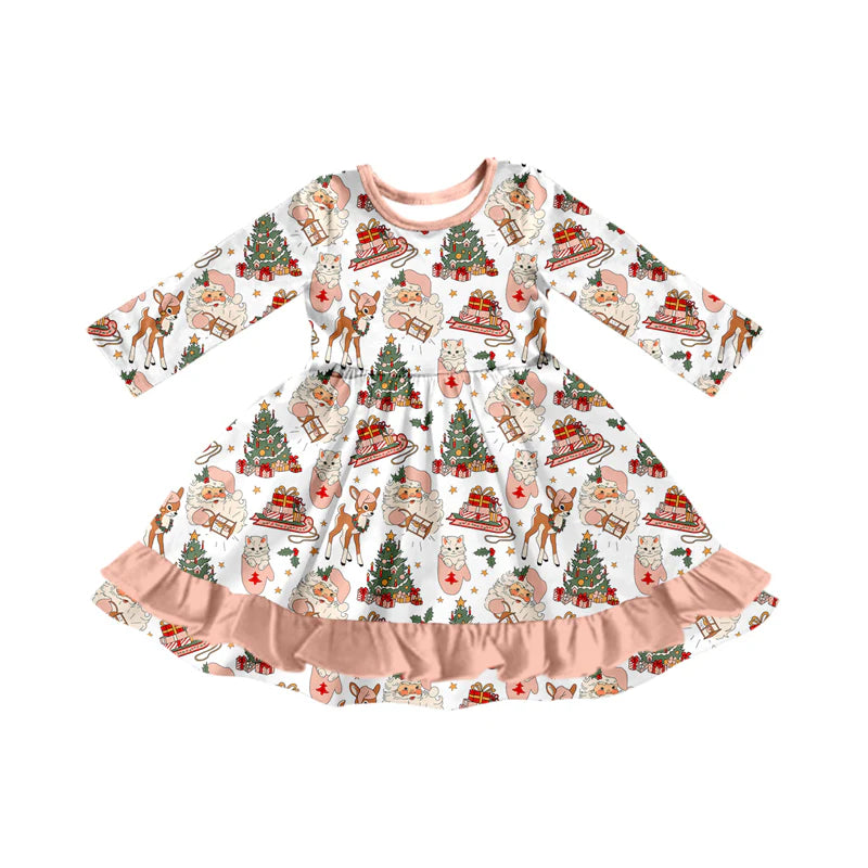 7.12Preorder (moq 5)Baby Girls Long Sleeves Santa Deer Trees Plaid Ruffle Knee Length Dresses