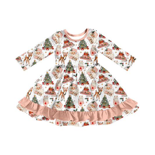 7.12Preorder (moq 5)Baby Girls Long Sleeves Santa Deer Trees Plaid Ruffle Knee Length Dresses