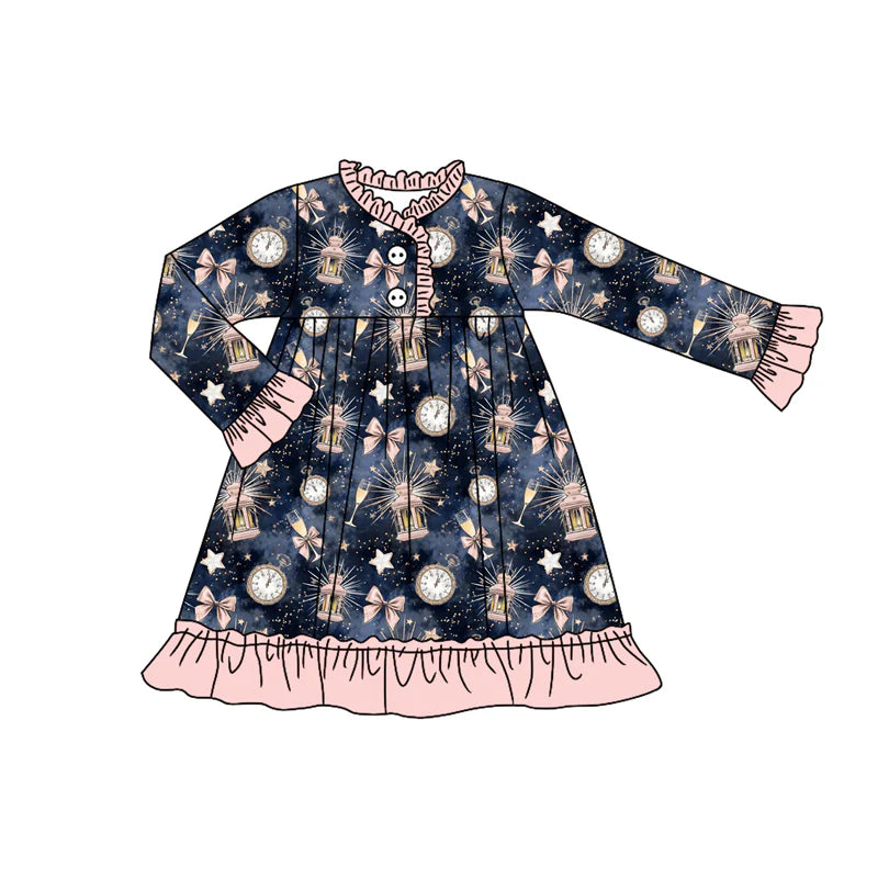 7.21Preorder (moq 5)Baby Girls Long Sleeves Hot Blue Bows Stars Plaid Ruffle Button Knee Length Dress